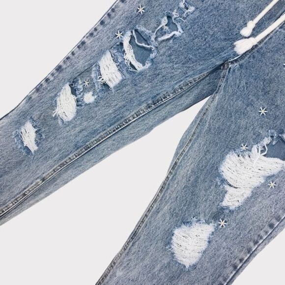 EASEL High Rise Floral Embroidered Distressed Straight Leg Drawstring Jeans Sz L - Picture 2 of 10